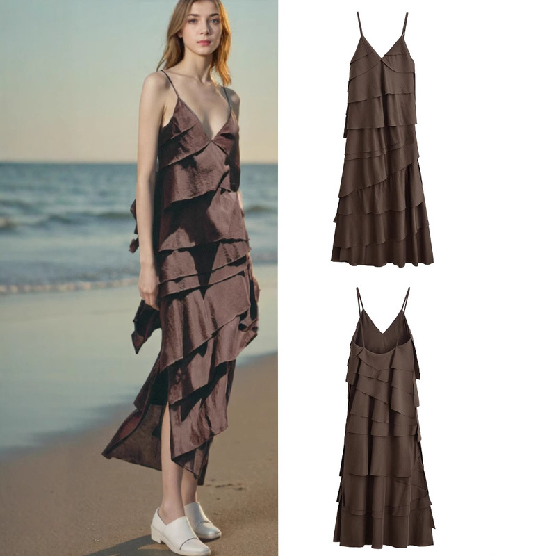 European and American Cross-Border 2025 Summer New Fashion Sexy Backless Sleeveless Multi-Layered Ruffled Suspender Long Dress