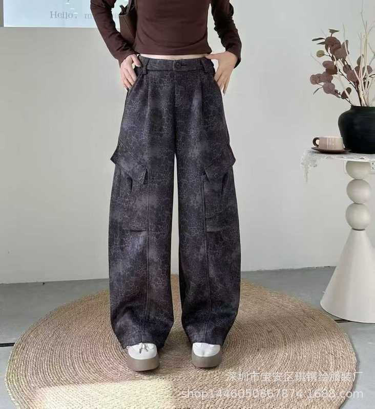 琪镌绘制秋季美式街头高街阔腿裤阔腿牛仔裤宽松豹纹工装裤35010|undefined