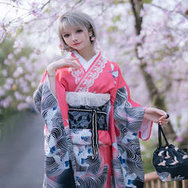 日本和服女传统定位印花改良大振袖和服仙鹤柄图