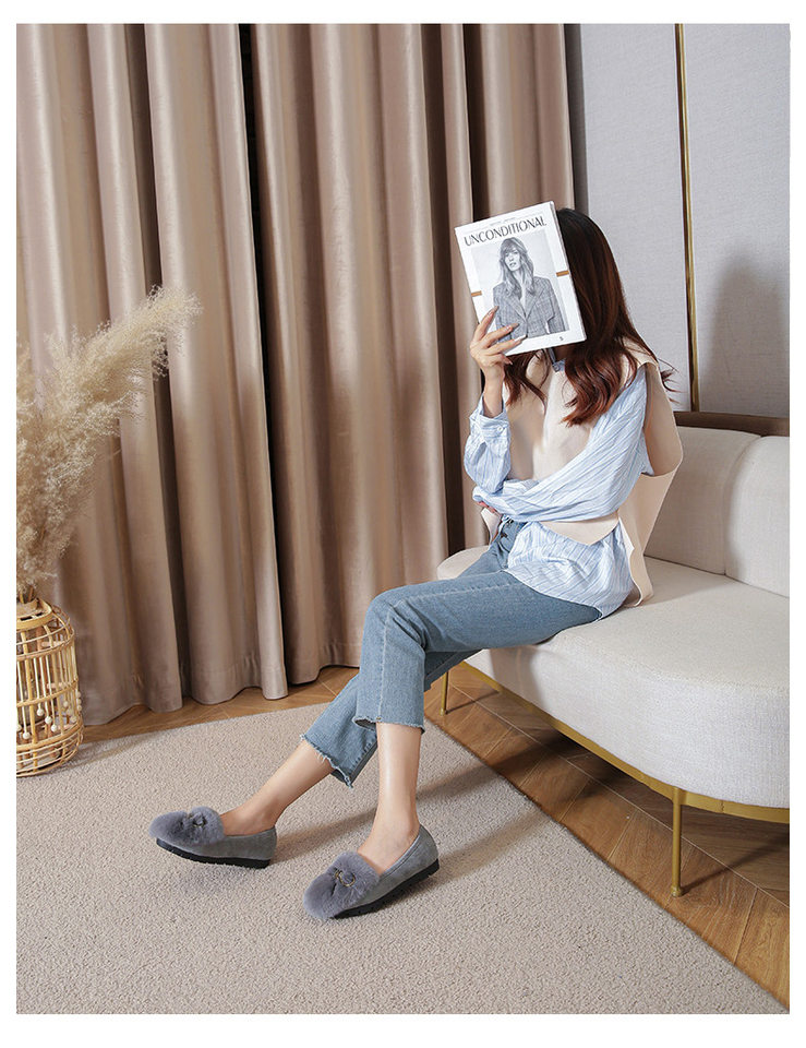 Giày lười nữ lông thỏ có nơ, đế bệt mềm, lót lông giữ ấm — Màu xám, Màu đen chi tiết 18