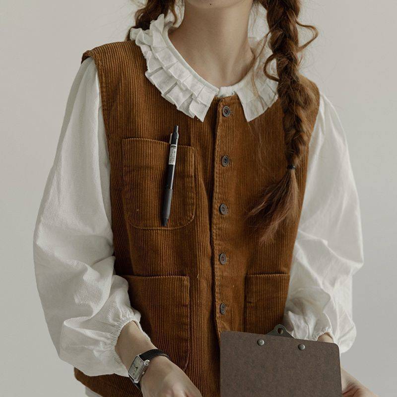 フレンチコーデュロイベスト女性の 2025 春の新レトロノースリーブトップベスト学生アウターベストジャケット|undefined