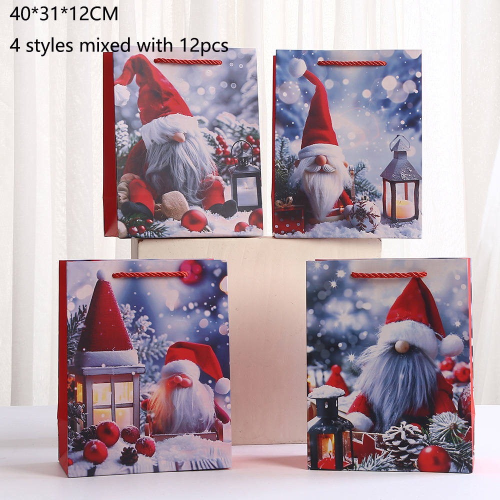 亚马逊热款圣诞节包装手提袋3D卡通圣诞老人纸袋派对120克白卡