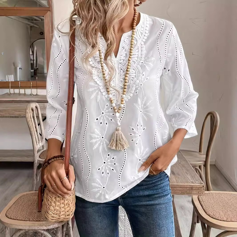 European and American Cross-border Autumn New Loosen V-neck Elegant Commuter Embroidered Horn Sleeve Lace Top Chiffon Shirt