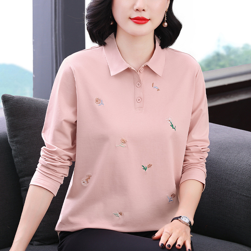 Mom's Autumn Clothing 2025 New Fashion Loose Cotton Long-Sleeved T-Shirt Women's Middle-Aged and Elderly Tops Polo Bottoming Shirt Mom's Autumn Clothing 2025 New Fashion Loose Cotton Long-Sleeved T-Shirt Women's Middle-Aged and Elderly Tops Polo Bottoming Shirt