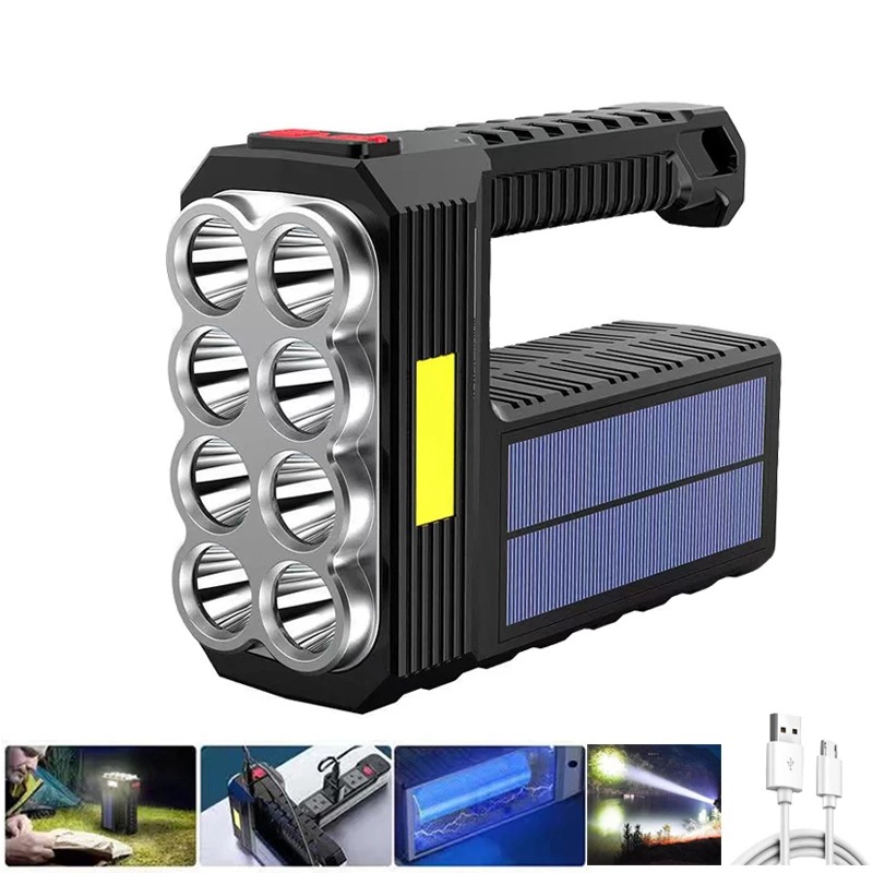 Nueva linterna solar recargable USB de luz fuerte, súper brillante, linterna LED de 8 cabezas, foco portátil de tiro a larga distancia