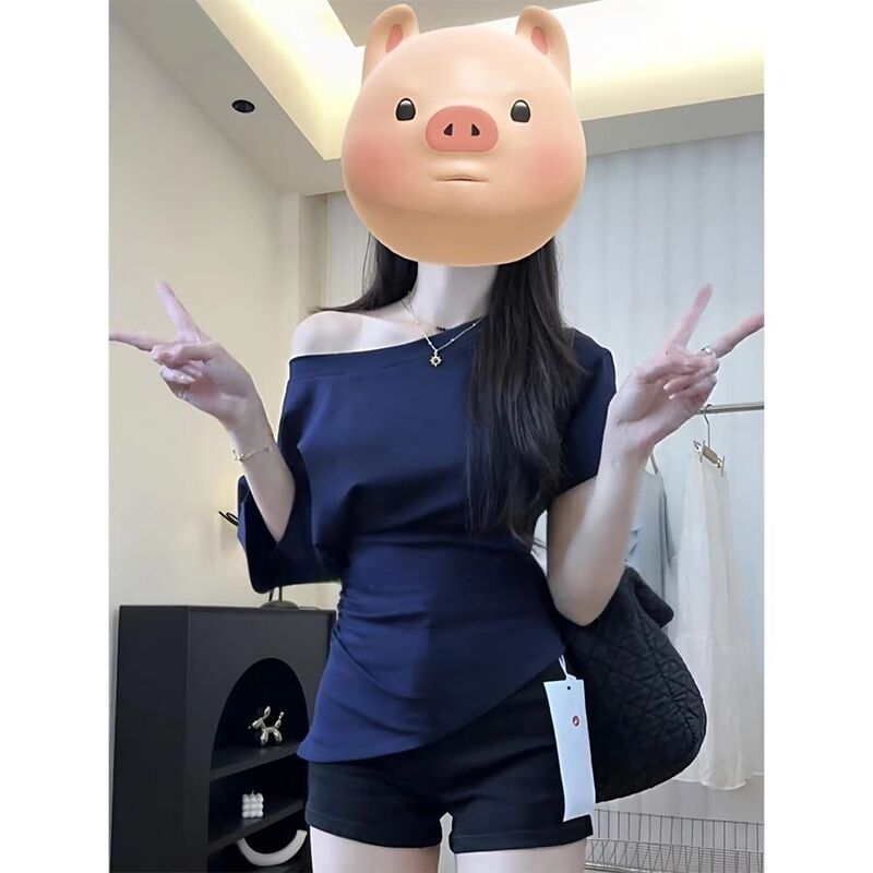 コーマ綿斜め肩ワンショルダー半袖Tシャツ夏新作スリム不規則スリムデザインホットガールレイジートップ|undefined