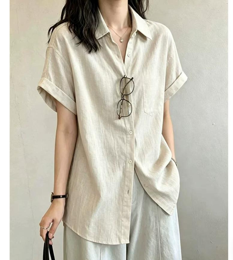 Áo sơ mi nữ linen tay ngắn phong cách cổ điển, thiết kế rộng rãi thoải mái — màu trắng, màu mơ chi tiết 4