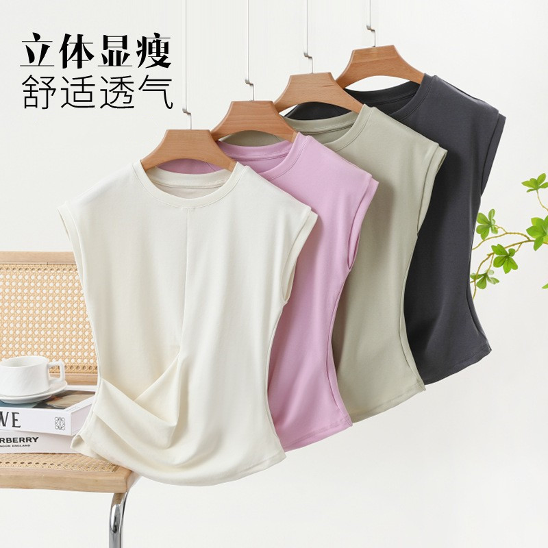 Women's Summer Sleeveless Cotton T-shirt Inner Pleated Shirt Outer Wear Top Thin Inner Design Sense Vest Base Shirt