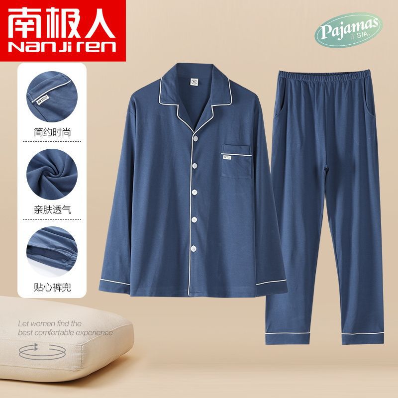 100% pijamas de algodón de primavera y otoño de los hombres de manga larga de solapa más tamaño traje de algodón para el hogar