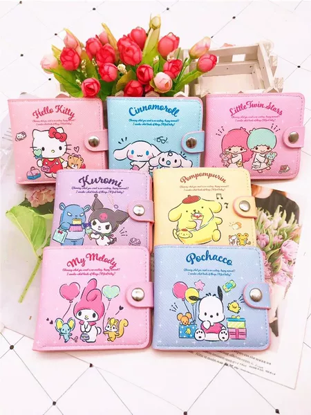 Sanrio cartoon short wallet for female students, featuring cute designs like Hello Kitty, Kuromi, and My Melody, with a folding design, card slots, and a coin purse