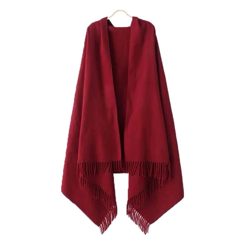 Autumn and winter cashmere-like tassel famous ethnic style wine red shawl solid color lengthened scarf women's warm dual-use scarf fashion