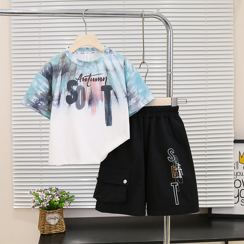 7259 Traje de manga corta para niños y niños 2025 verano nuevo estilo bebé camiseta de manga corta ropa para niños pequeños y medianos