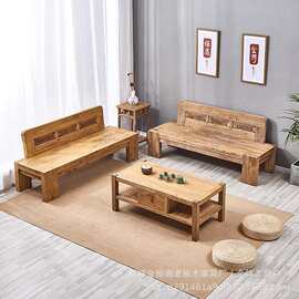 中古风罗汉床老榆木客厅实木沙发靠背椅小户型直排座椅酒店沙发椅