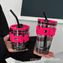 玻璃吸管杯 ins风创意字母杯咖啡饮料带皮套防烫双饮杯伴手礼品杯