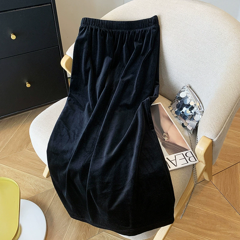 Черная эластическая талия тонкая бархатная юбка женская весна 2025 новая длинная открывная прямая юбка
