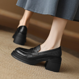 British Style Thick Bottom Small Leather Shoes Women's Genuine Leather Thick Heel Loafers 2024 New Autumn Color-polished High Heel Lazy Shoes
