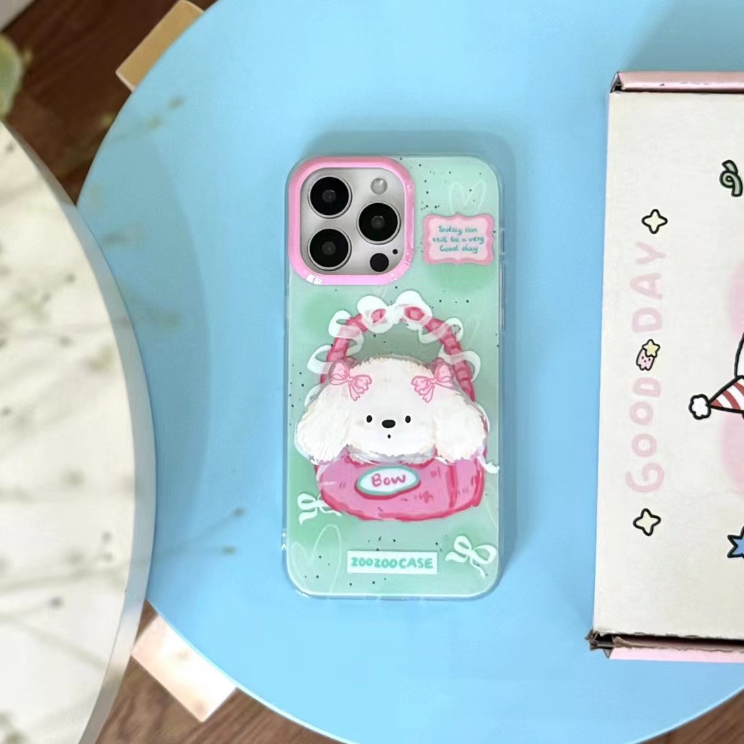 Perro de pelo rizado verde Apple 15promax brillante 15pro/14 funda protectora nueva funda para teléfono 15pro 13p