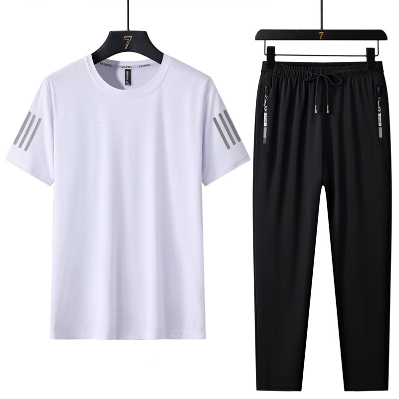 Traje de ocio deportivo de seda de hielo de talla grande para hombre de verano Camiseta de cuello redondo para hombre Pantalones de manga corta de secado rápido Juego de tres piezas
