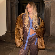 欧美ins风外贸新款女士套装复古宽松休闲亮片拼接长袖衬衫短裤