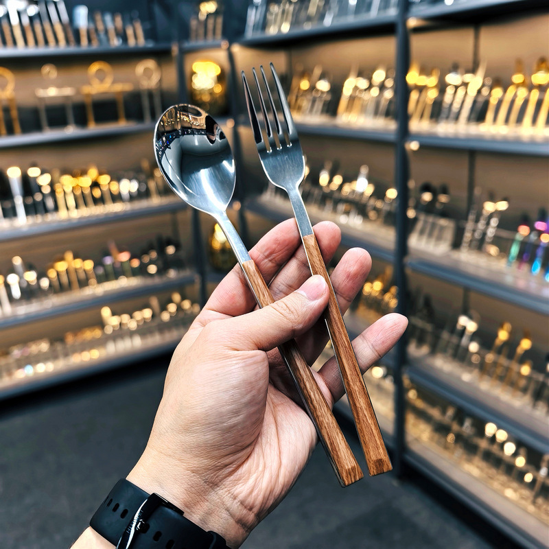 Stainless Steel Handle Tableware Japanese and Korean Ins Style Imitation Wood Grain Handle Steak Knife, Fork and Spoon Set Wooden Handle Dessert Spoon