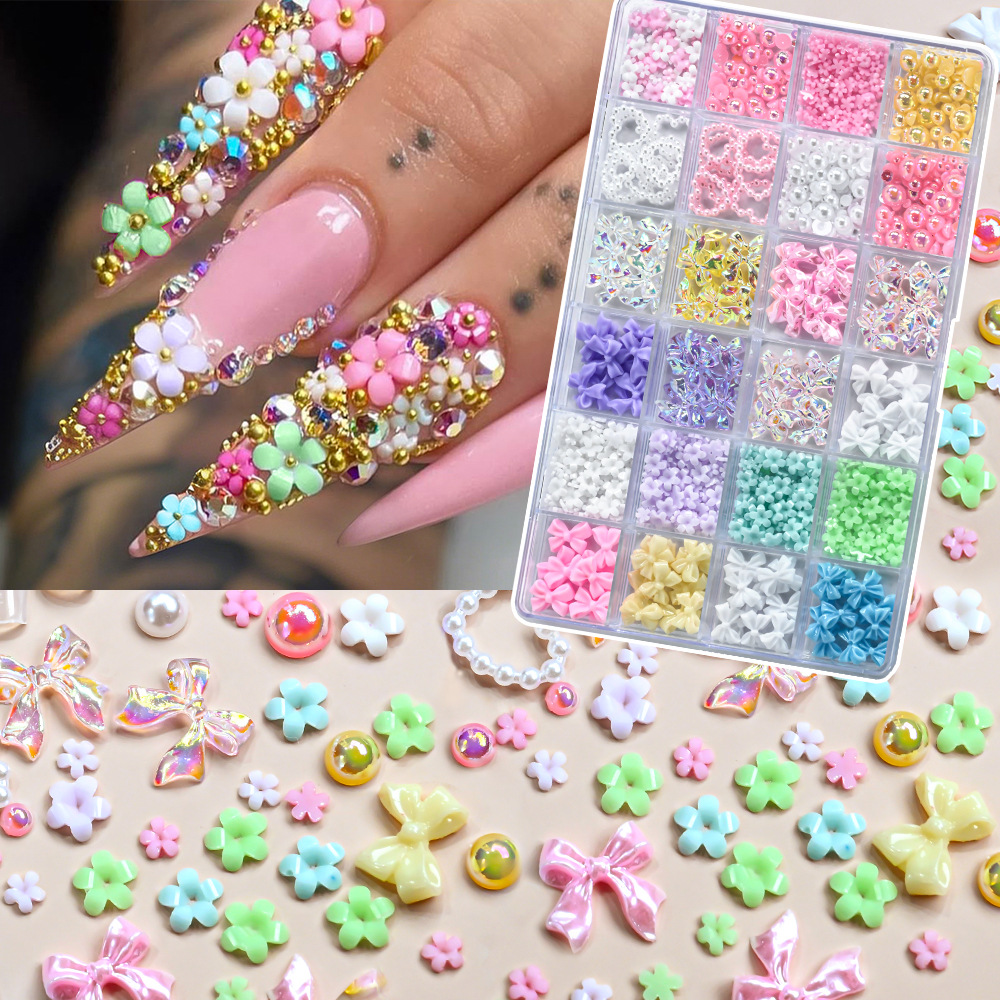 Gentle Girly Style Nail Art Diamond Set, Macaron Color Flower Bow Nail Art Decoration Material Package for Beginners
