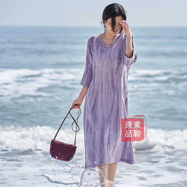 Temperament Tencel Linen Texture Dirty Dye Slim Dress Women's V-Neck Loose A- Line Cotton Linen Gown S1618