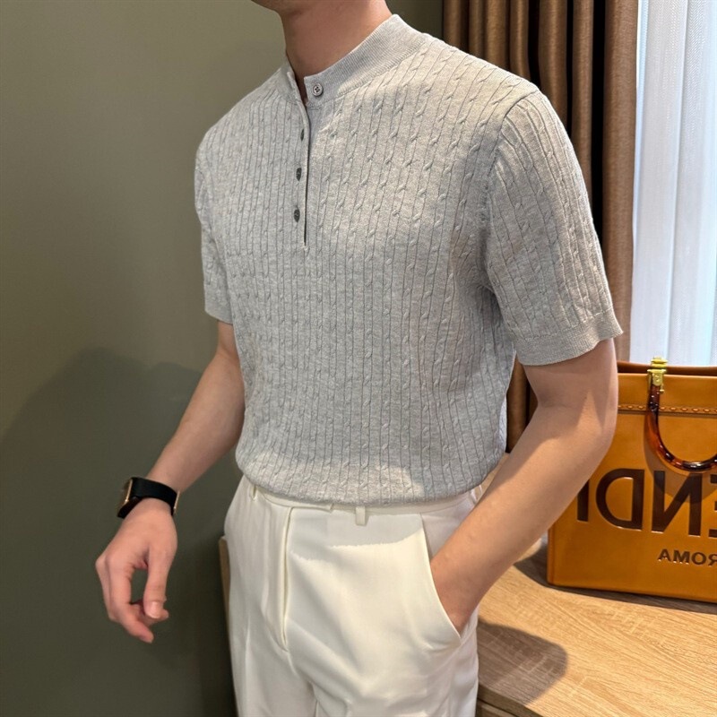 Light and Mature Style Summer American Casual Henley Collar Knitwear Men's Hemp Texture Retro Slim Stretch Short-Sleeved T-Shirt Light and Mature Style Summer American Casual Henley Collar Knitwear Men's Hemp Texture Retro Slim Stretch Short-Sleeved T-Shirt