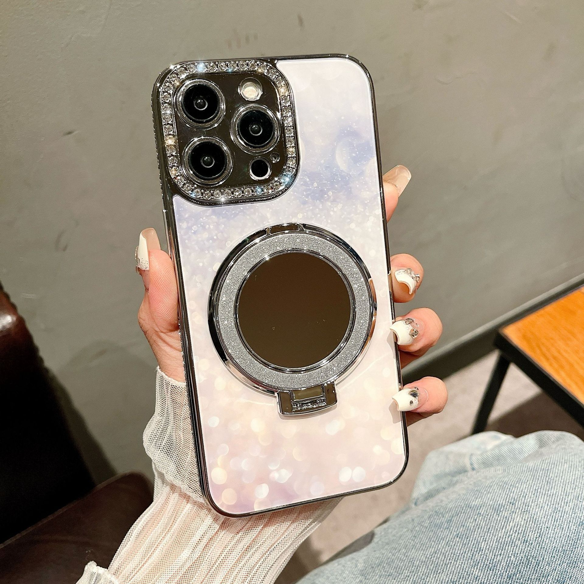 Sencillo florido 16ProMax Soporte de espejo de maquillaje iphone14 Funda para teléfono móvil Apple 15 Mujer 14 Lujo ligero 16