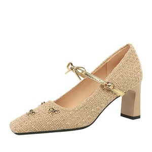 8293-11 French style fashionable woven fabric women's shoes square toe shallow mouth bow buckle strap thick single 