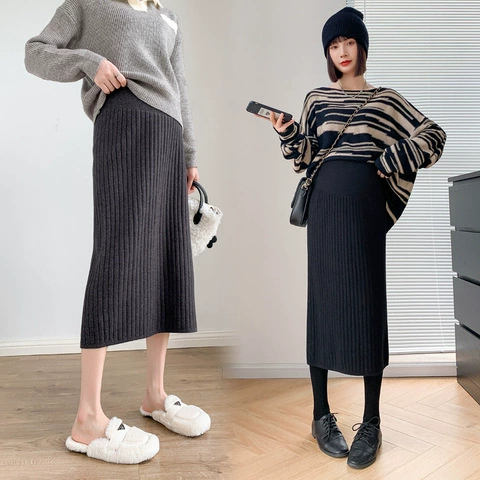 Трикотажная юбка для беременных средней длины с поддержкой живота, новинка осени-зимы 2024, с высокой талией, облегающая, до колена, базовый слой