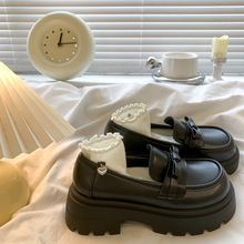 黑色英伦风厚底增高蝴蝶结单鞋女2025春季新款一脚蹬乐福小皮鞋女