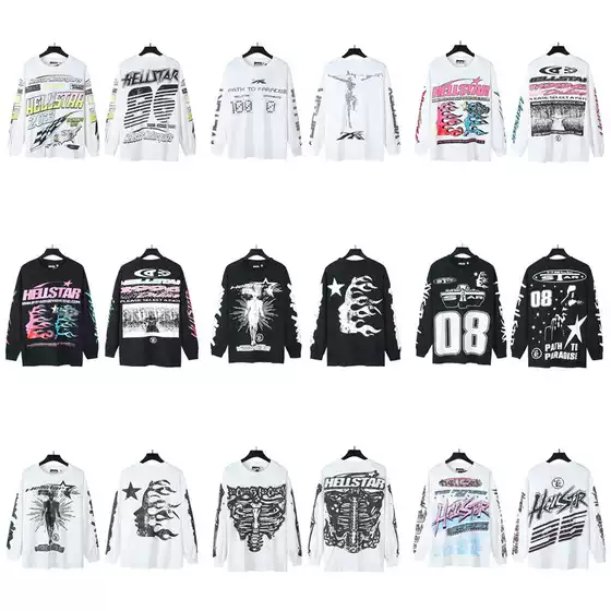 American Streetwear High Version H Hellstar High Street Pure Cotton Loose Fit Unisex Casual Long Sleeve T-Shirt Long Tee