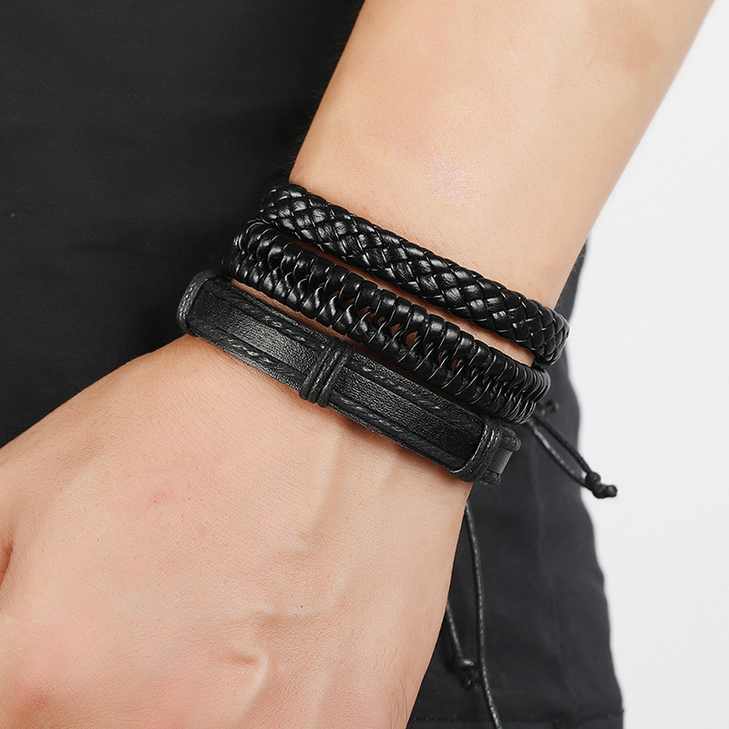 retro black woven menu0027s leather bracelet simple diy combination set bracelet