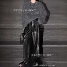 奢品系列小羊皮松紧腰皮裤直筒百搭九分裤子女秋季新款潮流秋冬款