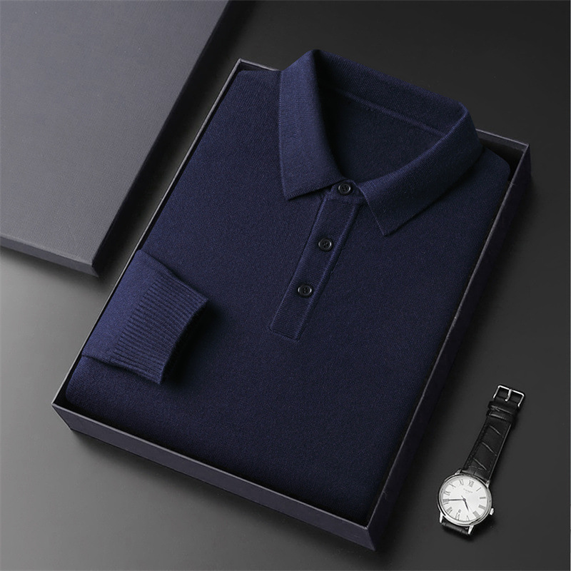 Long sleeved collar knitted men, autumn and winter new collection, solid color, middle-aged commuting, simple base_voghion.com