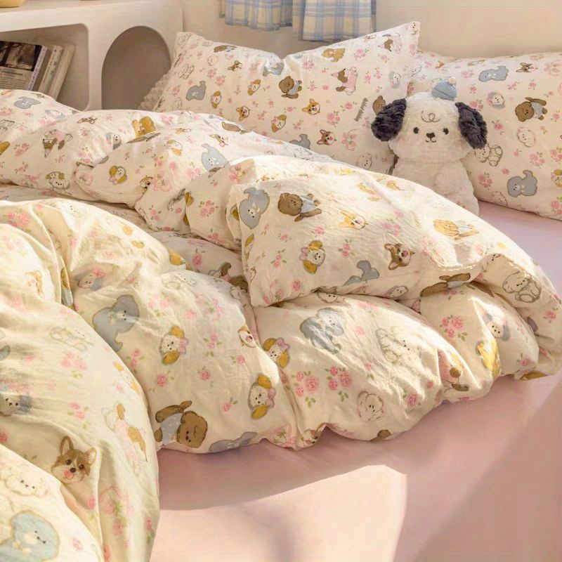 Fresh and Simple Cartoon Four-Piece Set for Student Dormitory Bed, Single Three-Piece Bedding Set, Washed Cotton Summer Single Duvet Cover