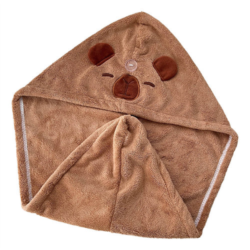 Cute cartoon capybara dry hair hat coral fleece water-absorbent quick-dry shower cap soft hair wash head cover for girls dry