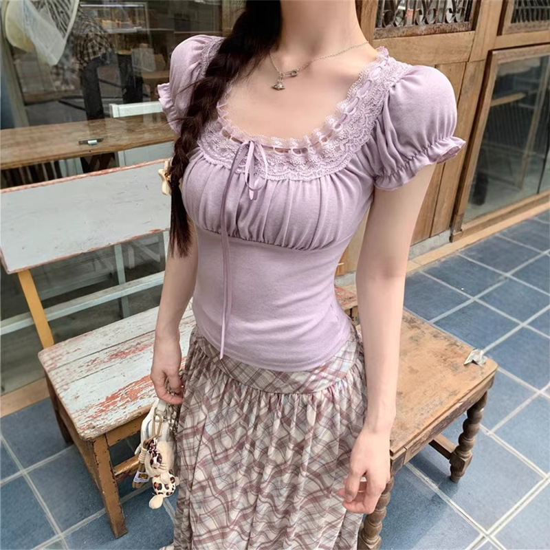 Summer New Lace-Trimmed French-Style Sweet U-Neck Purple T-Shirt for Women, Niche Waist-Cinching Slim-Fit Short Top for Women