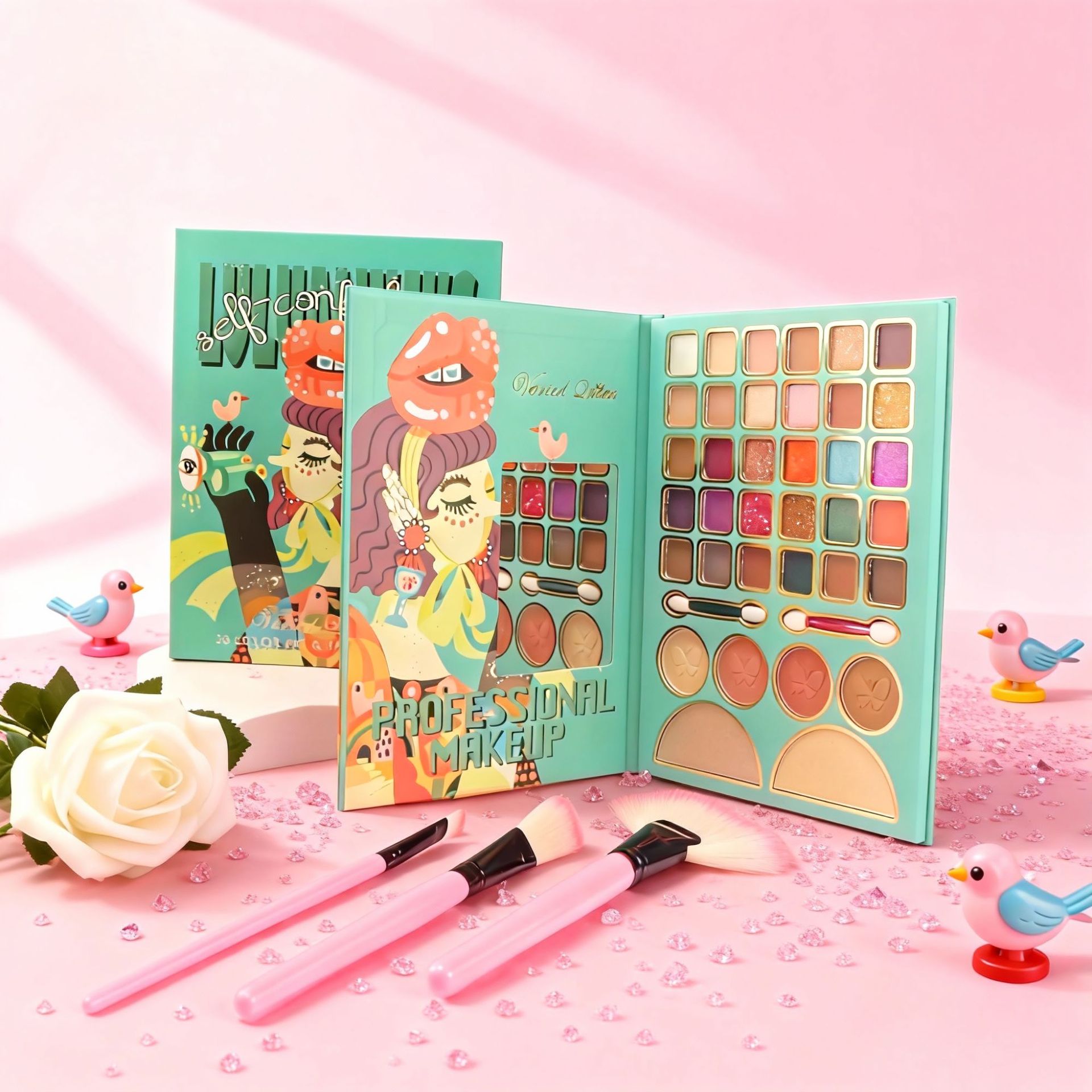 VARIEDQUEEN caja de cubierta de maquillaje multicolor, maquillaje facial, lipstick, polvo de sombra de ojos rojos, viajes