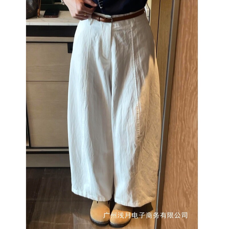 Highly Recommended! Korean-Style White Tencel Wide-Leg Pants for Women, Spring and Summer, Slimming, with Belt, Versatile, Textured Casual Pants