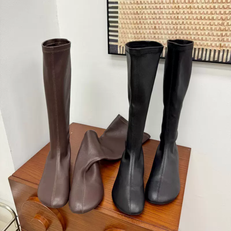 极简风复古圆头内增高长靴女2025秋冬新款设计感瘦瘦靴高筒骑士靴