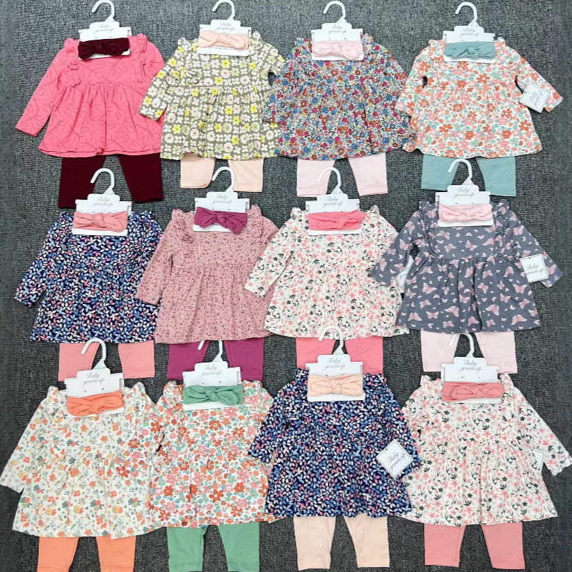 Primavera y otoño niñas falda de flores trituradas tres piezas de algodón puro ropa de muñeca de encaje bebé ropa de raspaje