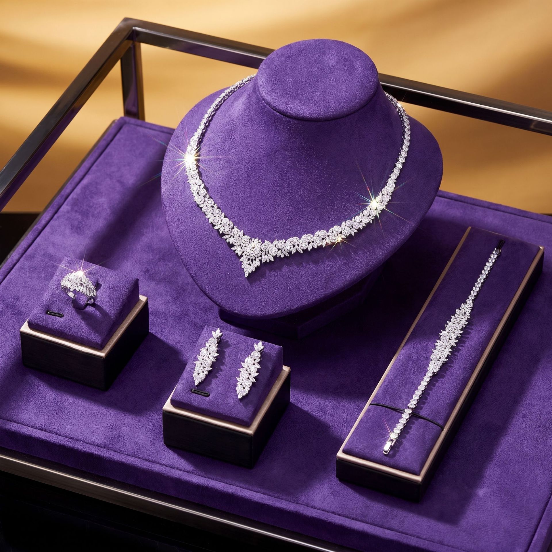 Middle East Dubai Wedding Bride Zircon Jewelry Set Necklace Earrings Banquet Dress Accessories Copper Source Factory