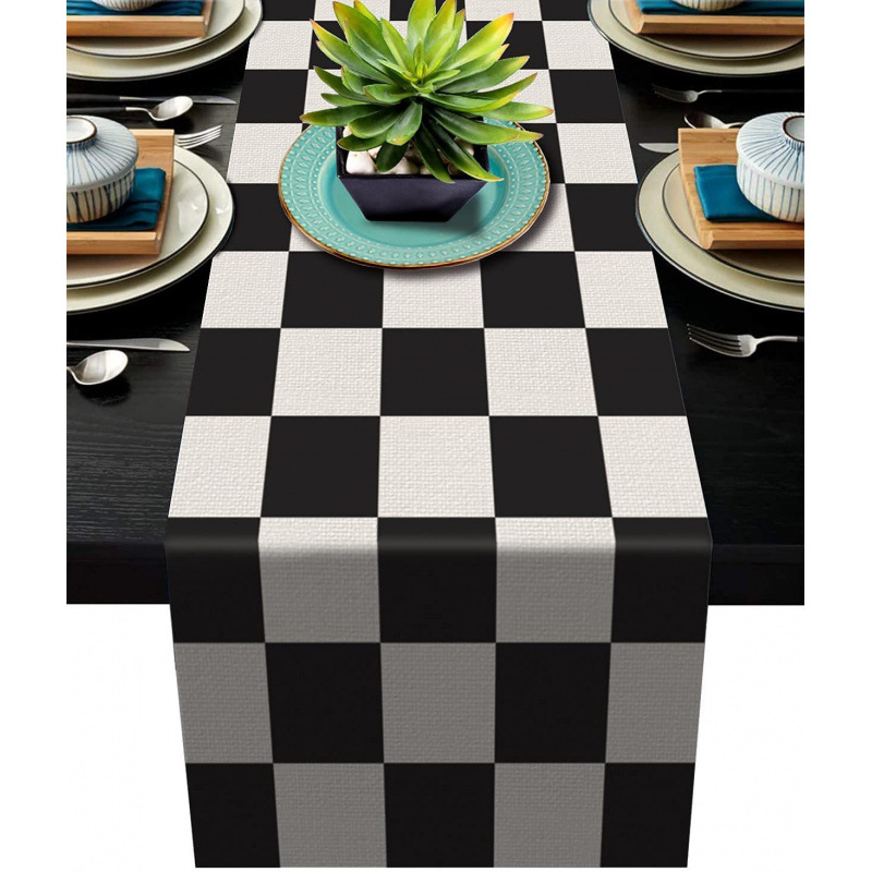 Bandera de mesa de rayas geométricas de lino de Amazon moderna y simple mantel a cuadros en blanco y negro almohadilla de mesa para el hogar image 8