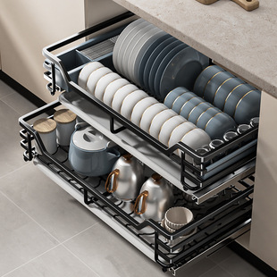 Double-Layer Stainless Steel Pull-Out Basket for Kitchen Cabinets, Drawer-Style Bowl Basket, Kitchen Cabinet Seasoning Dish Rack, Bowl Cabinet Storage Organizer