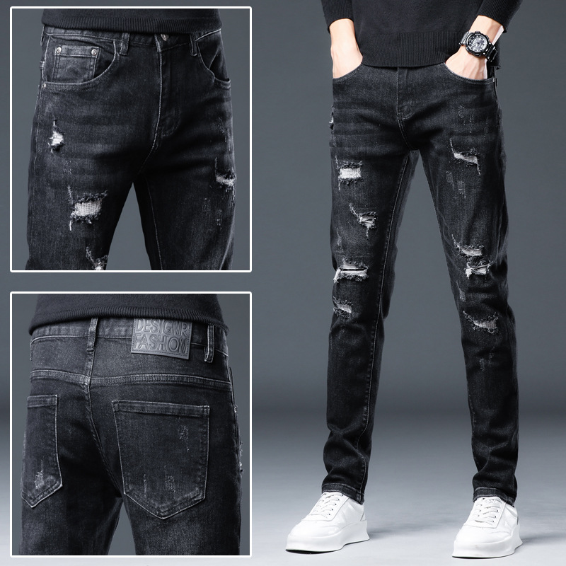 Xintang nuevo rasgado bordado jeans de estilo coreano de los hombres de moda estiramiento adelgazante Delgado casual pequeños pies pantalones largos hombres