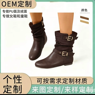 时尚百搭时装靴平底皮带扣拼色中筒褶皱女靴防滑轻便复古中筒靴