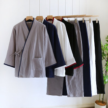 日式春秋薄款男士和服汉服纯棉纱布睡衣大码200斤家居汗蒸服套装