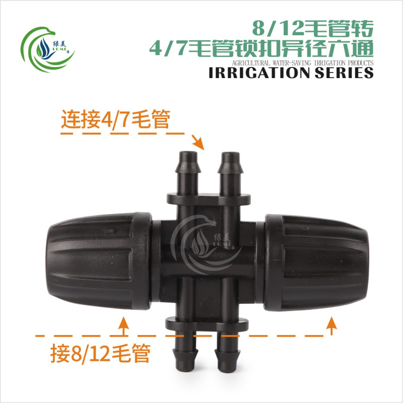 8/12 accesorios de tubo capilado a través del codo de tres vías 9/12 accesorios de riego automático de tubo capilado accesorios de tubería de riego de jardinería