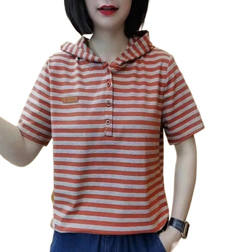 Trendy, Stylish, Striped Hooded Short-Sleeve Top for 2025 Summer—Casual Plus-Size Women's Wear That Flatters and Ages You Down